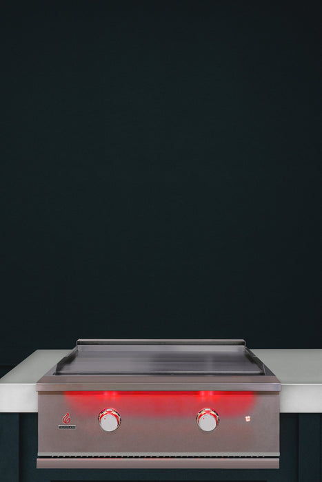 TrueFlame 30" Built-In Griddle Grill TFG30 - built into an outdoor kitchen with red LED lights
