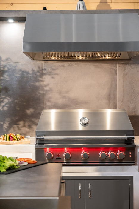 TrueFlame 48" Vent Hood with 2,000 CFM Motor and Mounting Bracket TF-VH48-3 - installed over a TrueFlame 40" grill in an outdoor kitchen