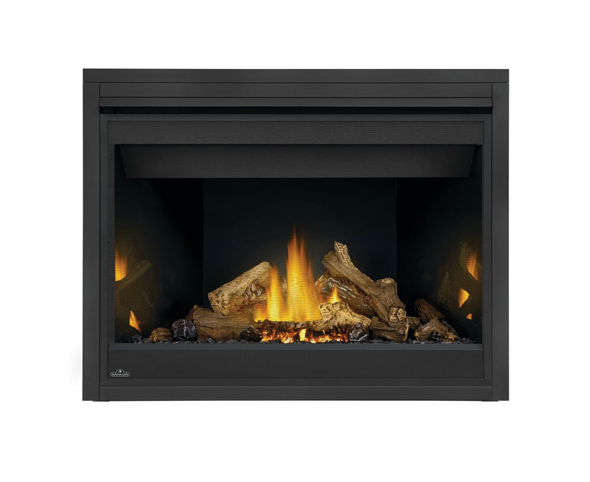 Napoleon Ascent 46 Direct Vent Gas Fireplace - front view with logs and black panels