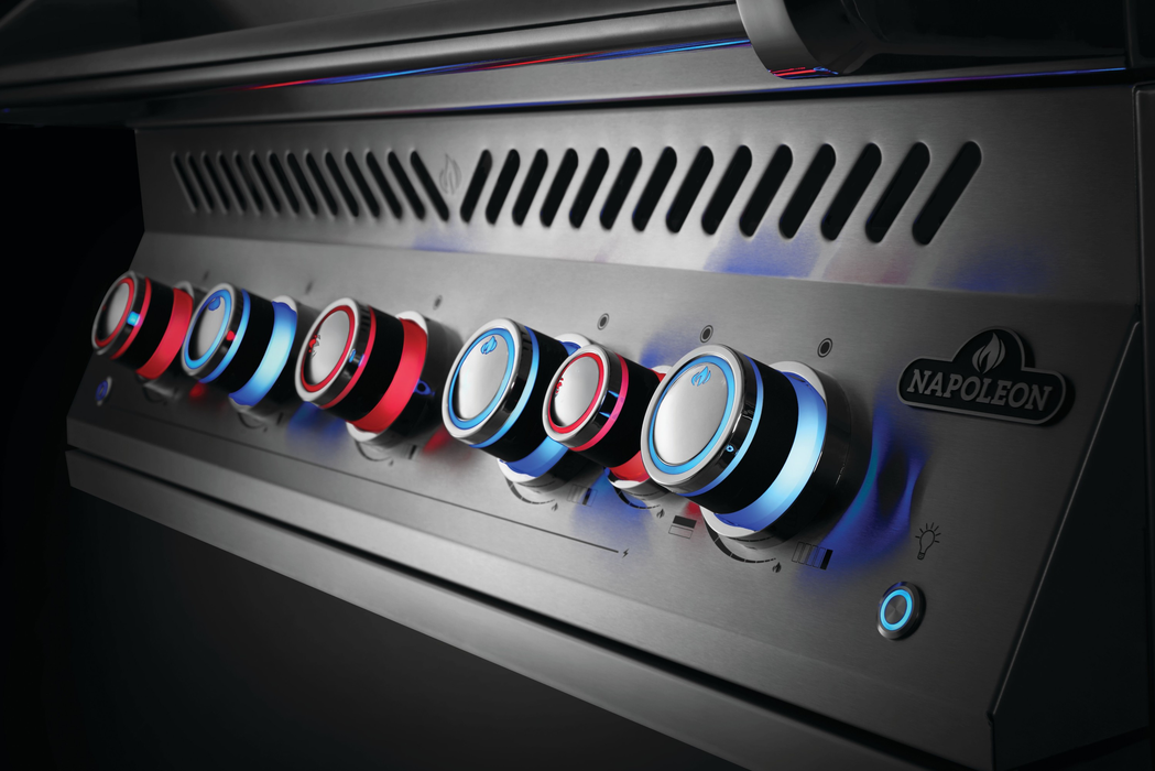 Napoleon 700 Series 44 RB Built-in Gas Grill - close-up of the control knobs lit red and blue