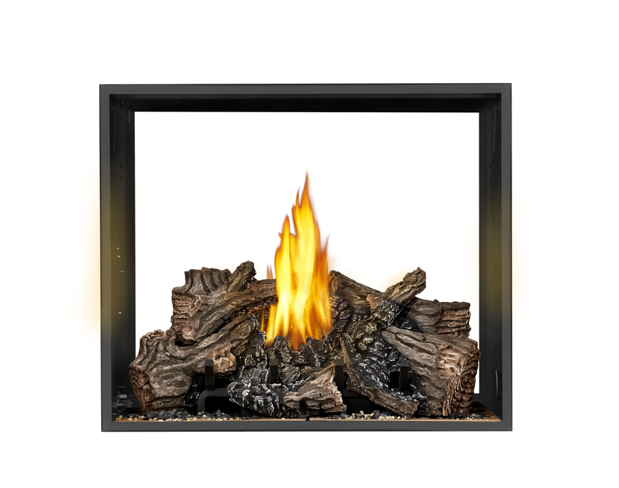 Napoleon High Definition Direct Vent See-Through Gas Fireplace - front view with log set burning