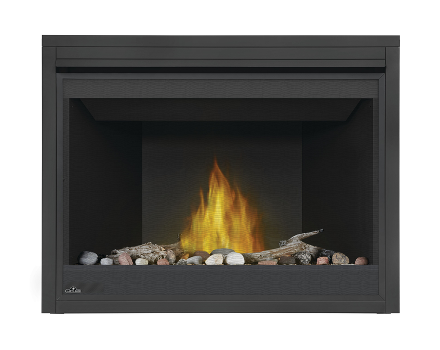 Napoleon Ascent 46 Direct Vent Gas Fireplace - front view with birch logs and rocks