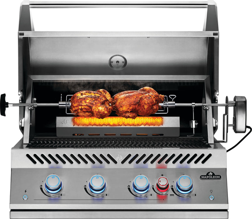 Napoleon 700 Series 32 RB Built-in Gas Grill - lid open with chickens on the rotisserie