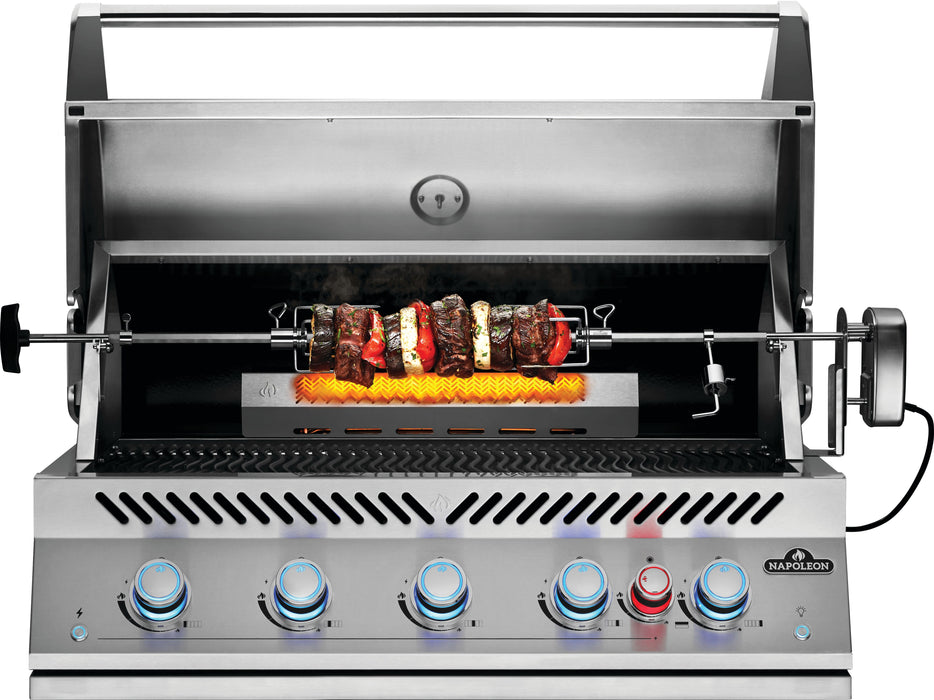Napoleon 700 Series 38" Built-in Gas Grill with Infrared Rear Burner - lid open with a rotisserie roast
