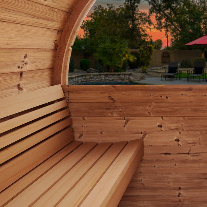 SaunaLife E8W barrel sauna - bench and backrest close-up