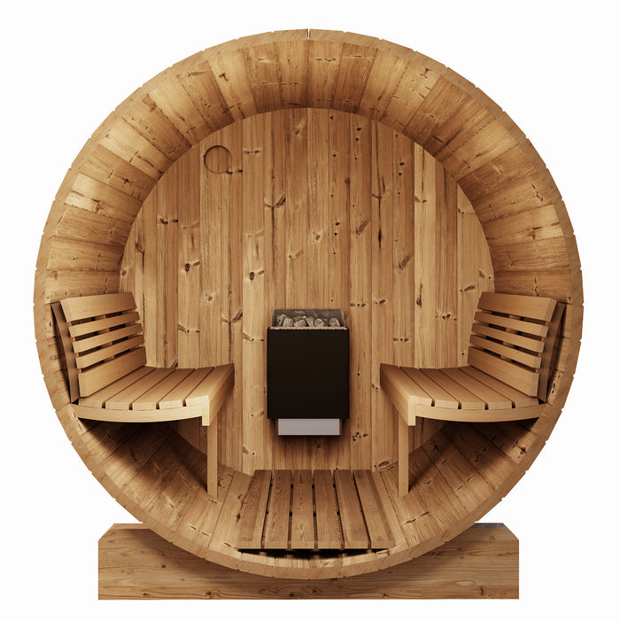 SaunaLife E7G barrel sauna - front cutaway showing the benches and heater