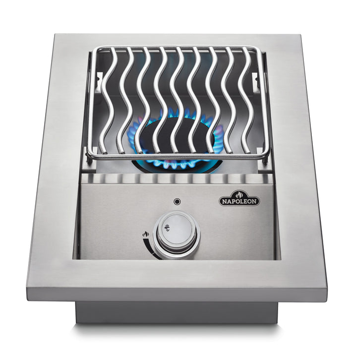 Napoleon 13" Built-in 500 Series Single Range Top Drop-in Burner - top angled view with wave cooking grid and control knob