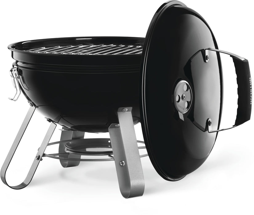 Napoleon 14" Portable Charcoal Kettle Grill - with the lid hanging on the side and the cooking grid shown