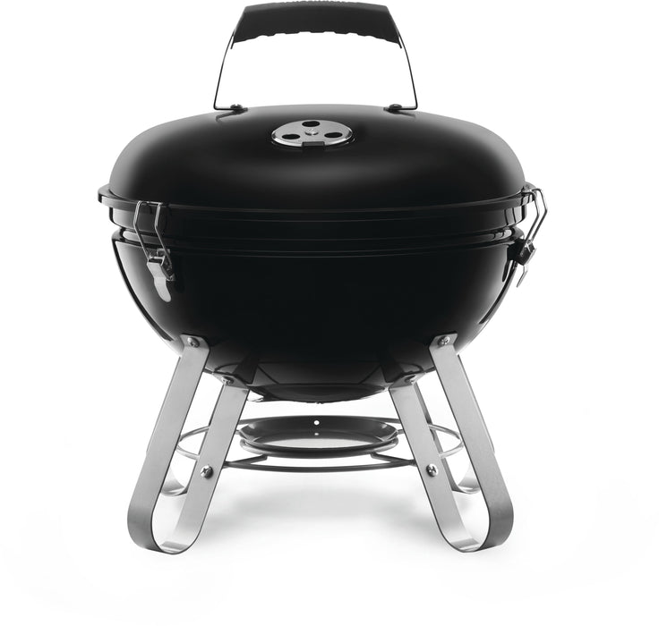 Napoleon 14" Portable Charcoal Kettle Grill - front view with the lid on, black with chrome legs