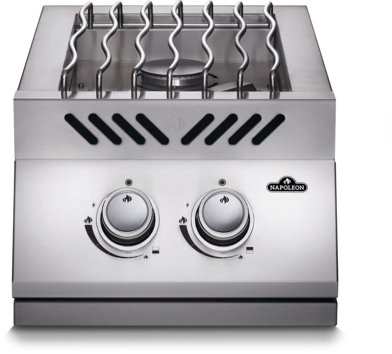 Napoleon 15" Built-in 500 Series Inline Dual Range Top Drop-in Burner with Stainless Steel Cover - front view with two knobs and wave cooking grids