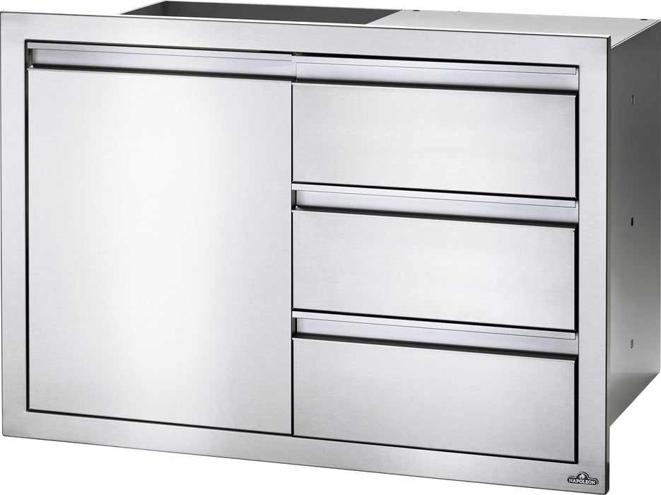 Napoleon 36" X 24" Stainless Steel Single Door and Triple/Double Drawer - single door with triple drawer, angled view