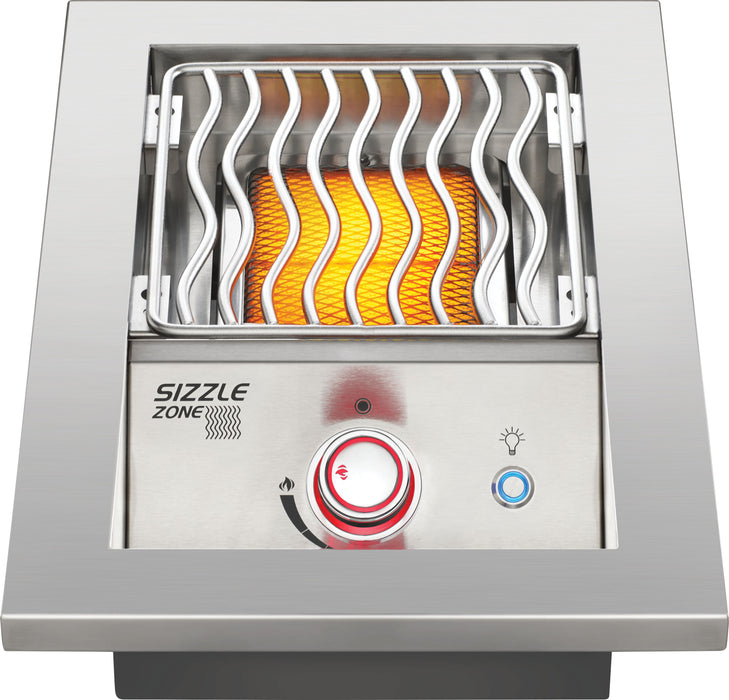 Napoleon Built-in 700 Series 10" Single Infrared Drop-In Burner with Stainless Steel Cover - top view with the infrared burner glowing and a red-lit knob