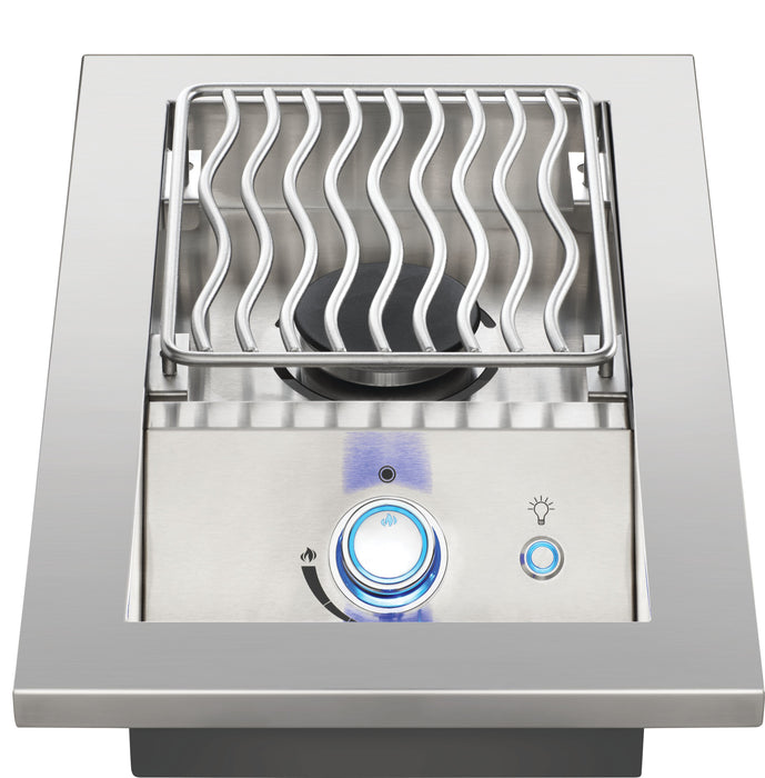 Napoleon Built-in 700 Series 10" Single Range Drop-In Burner with Stainless Steel Cover - top view with the burner off and a blue-lit knob