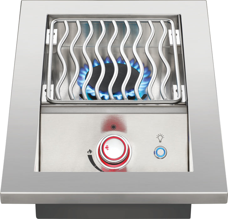 Napoleon Built-in 700 Series 10" Single Range Drop-In Burner with Stainless Steel Cover - top view with the burner lit and a red-lit knob