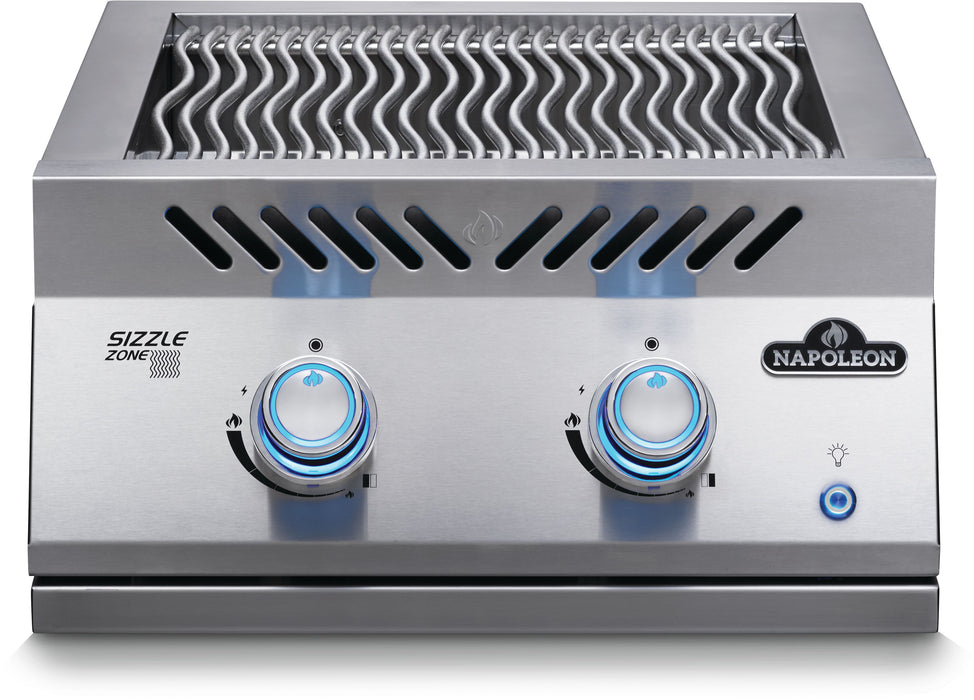 Napoleon Built-in 700 Series 18" Dual Infrared Burner with Stainless Steel Cover - front view with two blue-lit knobs