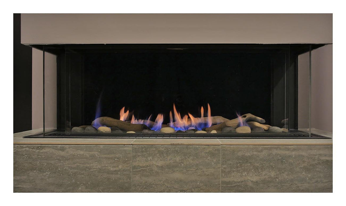 Dreamwood Living's Toscana 38: contemporary 3-sided gas fireplace, no screens.
