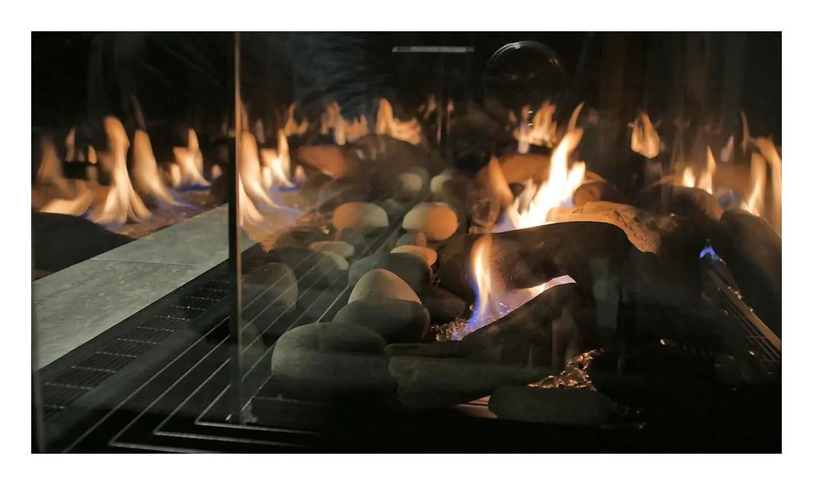 Dreamwood Living's Toscana 38: contemporary 3-sided gas fireplace, no screens.