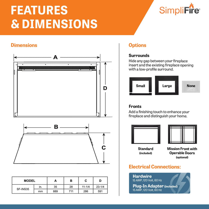 SimpliFire 35" Traditional Built-In Electric Fireplace Insert SimpliFire