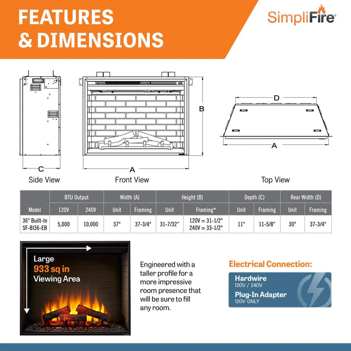 SimpliFire 36" Traditional Built-In Electric Fireplace SimpliFire