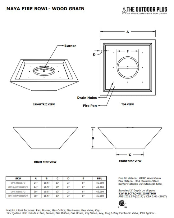 The Outdoor Plus Maya Wood Grain Square Gas Fire Bowl – Liquid Propane