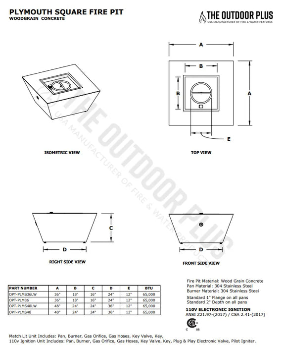 The Outdoor Plus Plymouth Square Wood Grain Concrete Fire Pit + Free Cover The Outdoor Plus