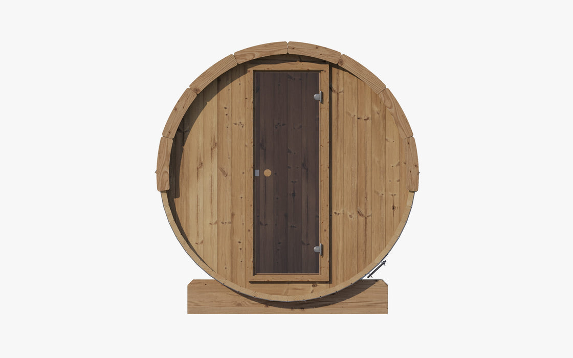 SaunaLife E8 barrel sauna - front view with glass door