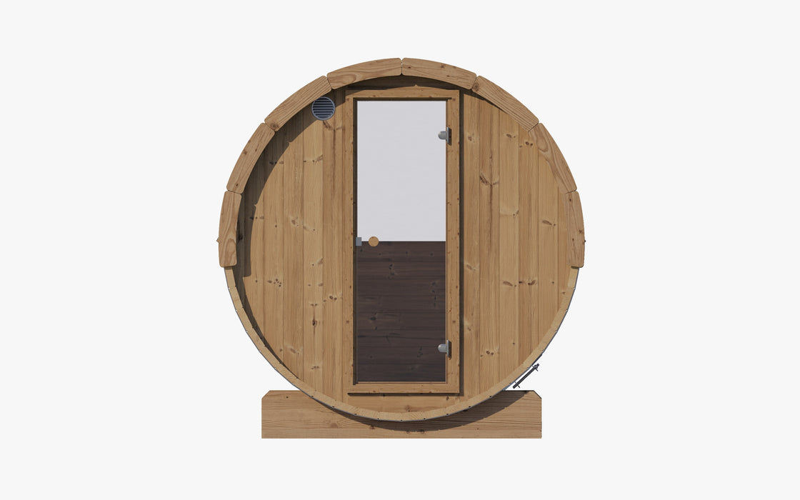 SaunaLife E6W barrel sauna - front view with glass door