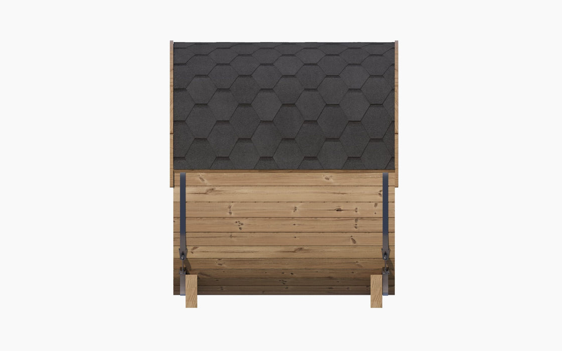 SaunaLife E6W barrel sauna - side view with shingle roof