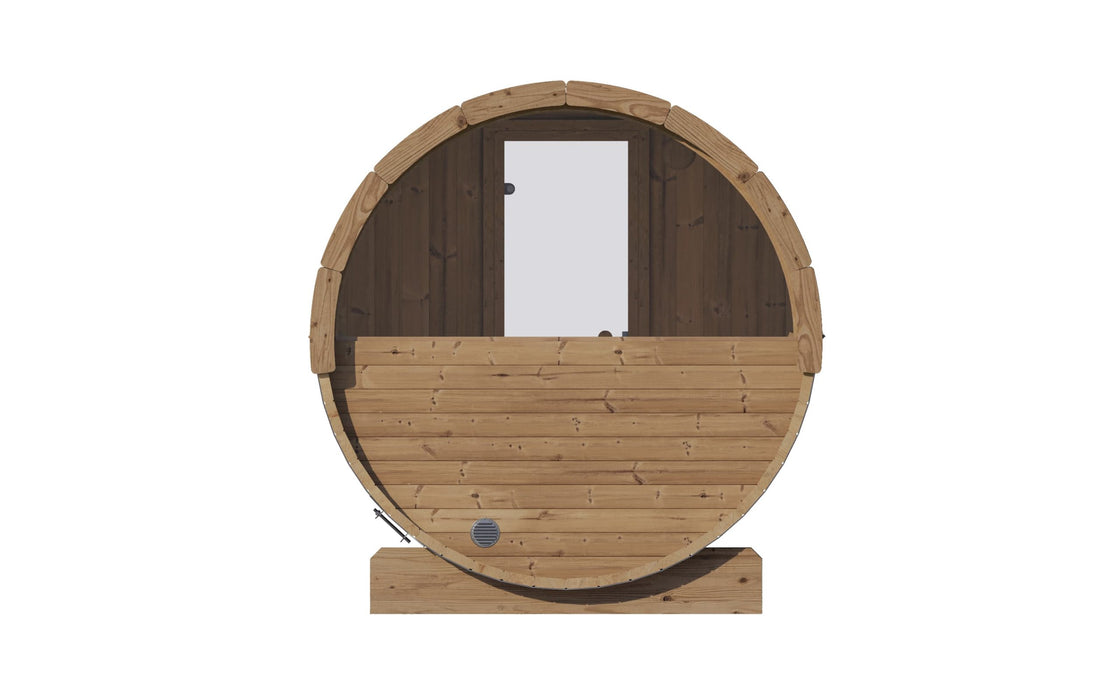 SaunaLife E6W barrel sauna - rear view with half-moon window