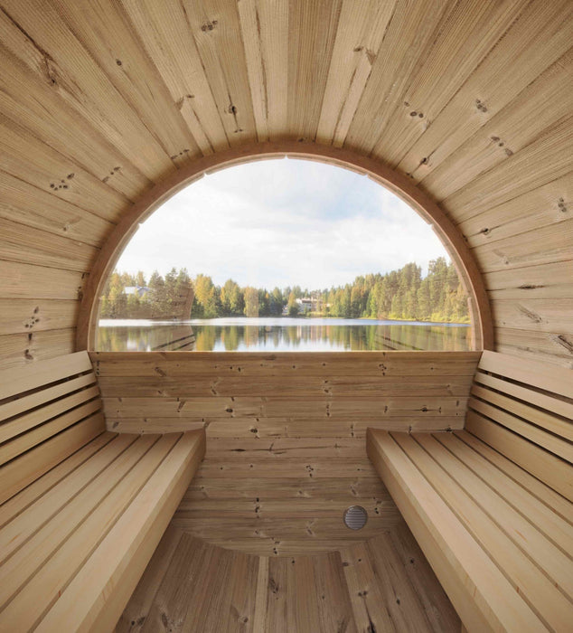SaunaLife E6W barrel sauna - interior view toward the half-moon rear window